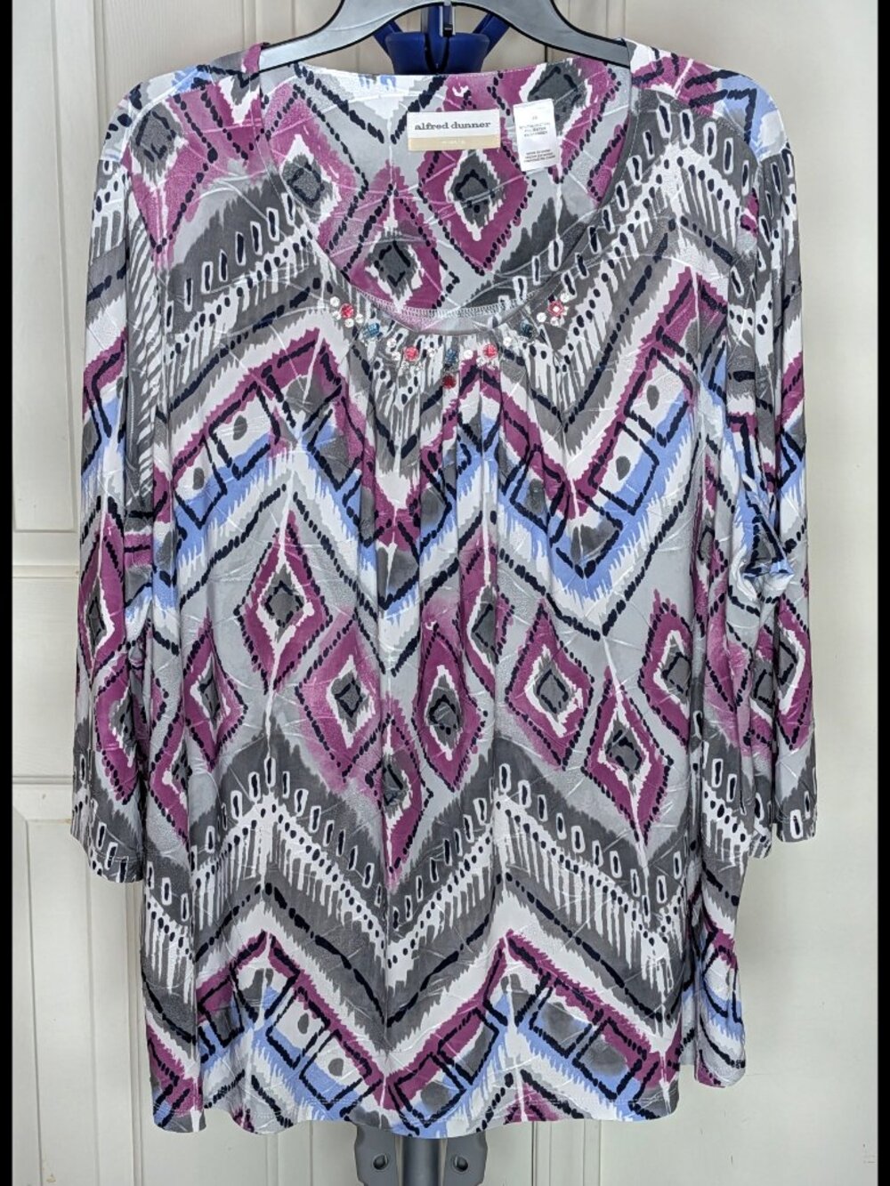 ALFRED DUNNER 2X Purple, Silver & Gray Stretch Diamond Print Textured Blouse